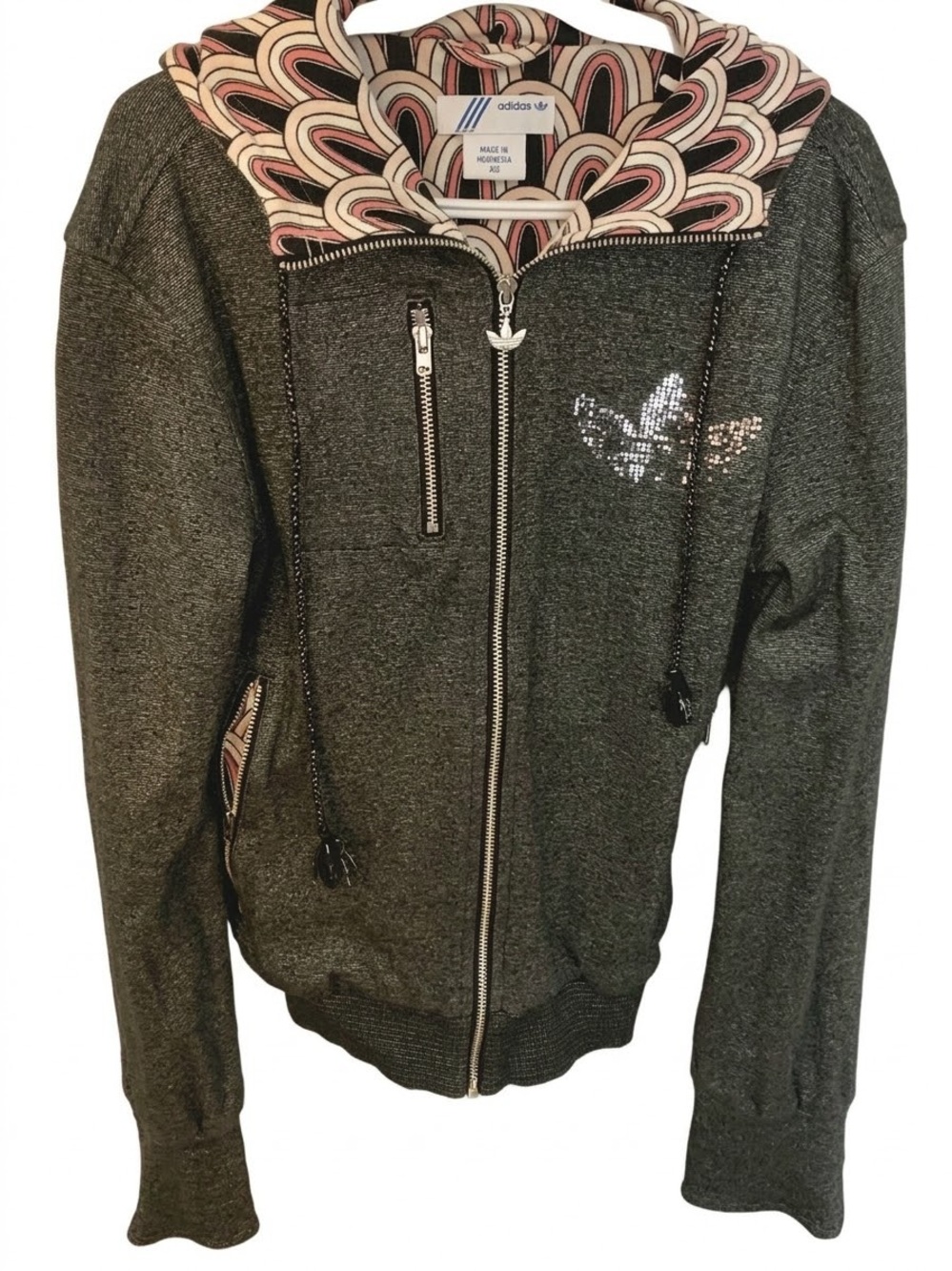 Vintage Adidas Rhinestone Trefoil Hoodie Zip-Up Sz XS